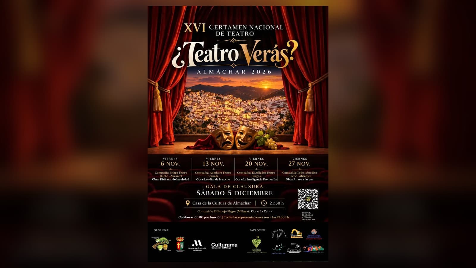 Cartel del XVI Certamen Nacional de Teatro «¿Teatro Verás?» de Almáchar 2026: un escenario con telón rojo, dos máscaras de teatro doradas y un racimo de uvas ante una vista del pueblo al atardecer, con las fechas de las cuatro funciones y la gala de clausura.