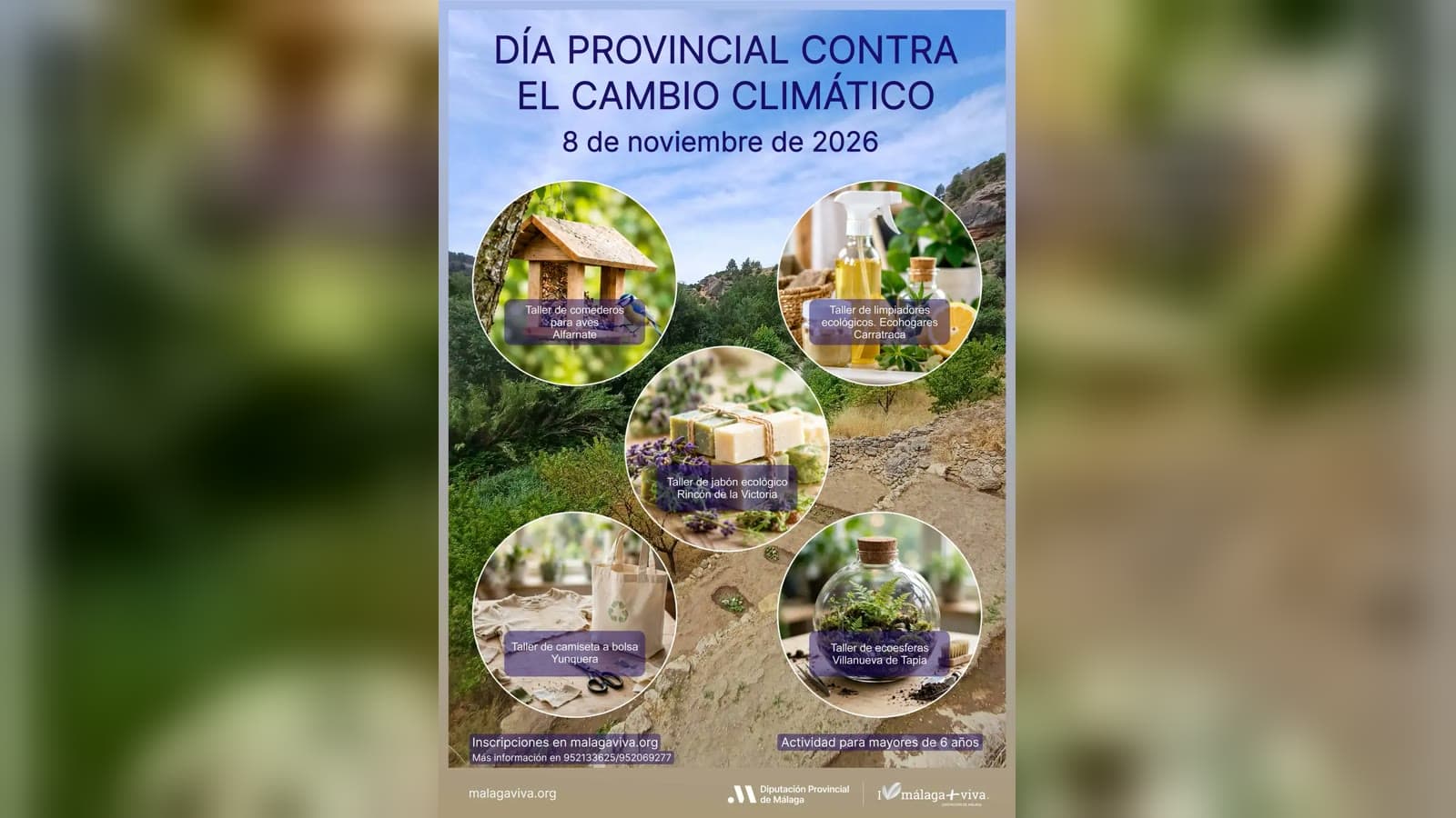 Cartel del Día Provincial contra el Cambio Climático del 8 de noviembre de 2026, con cinco círculos que muestran un comedero de pájaros, botes de limpiador, pastillas de jabón, una bolsa de tela y una esfera de cristal con plantas, cada uno con el nombre del pueblo del taller.