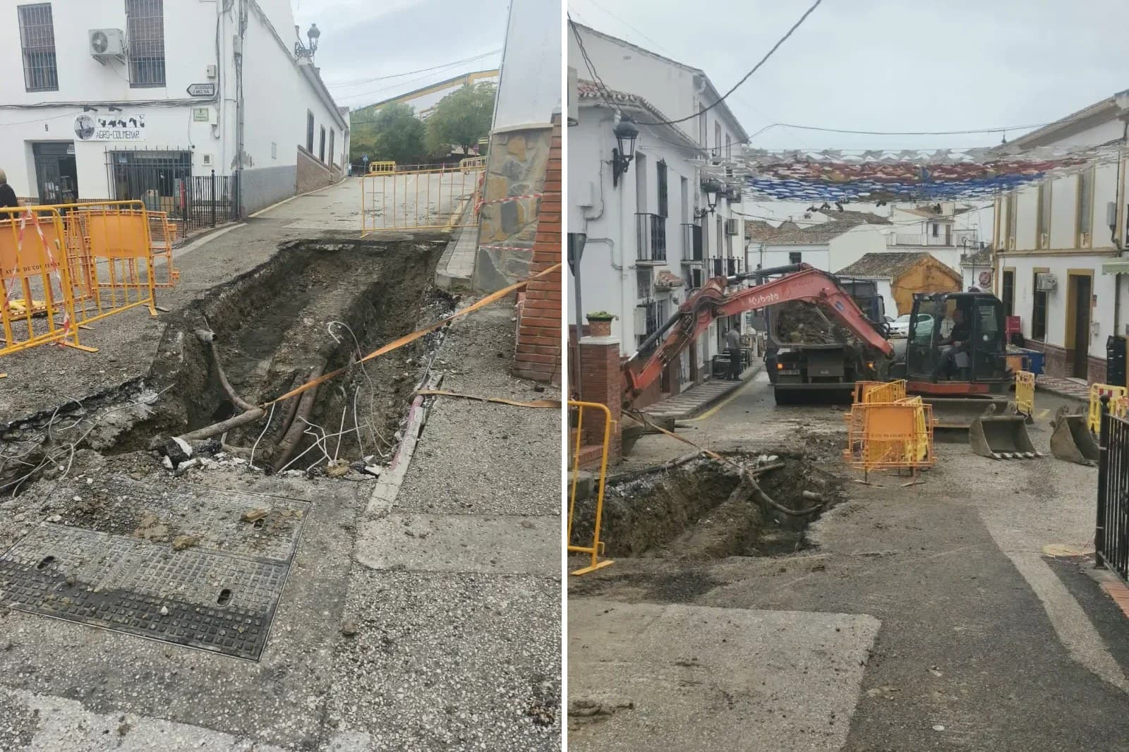 Obras en el Pasaje del Pilar de Colmenar: a la izquierda, una zanja abierta junto a vallas amarillas; a la derecha, una excavadora trabajando en la calle