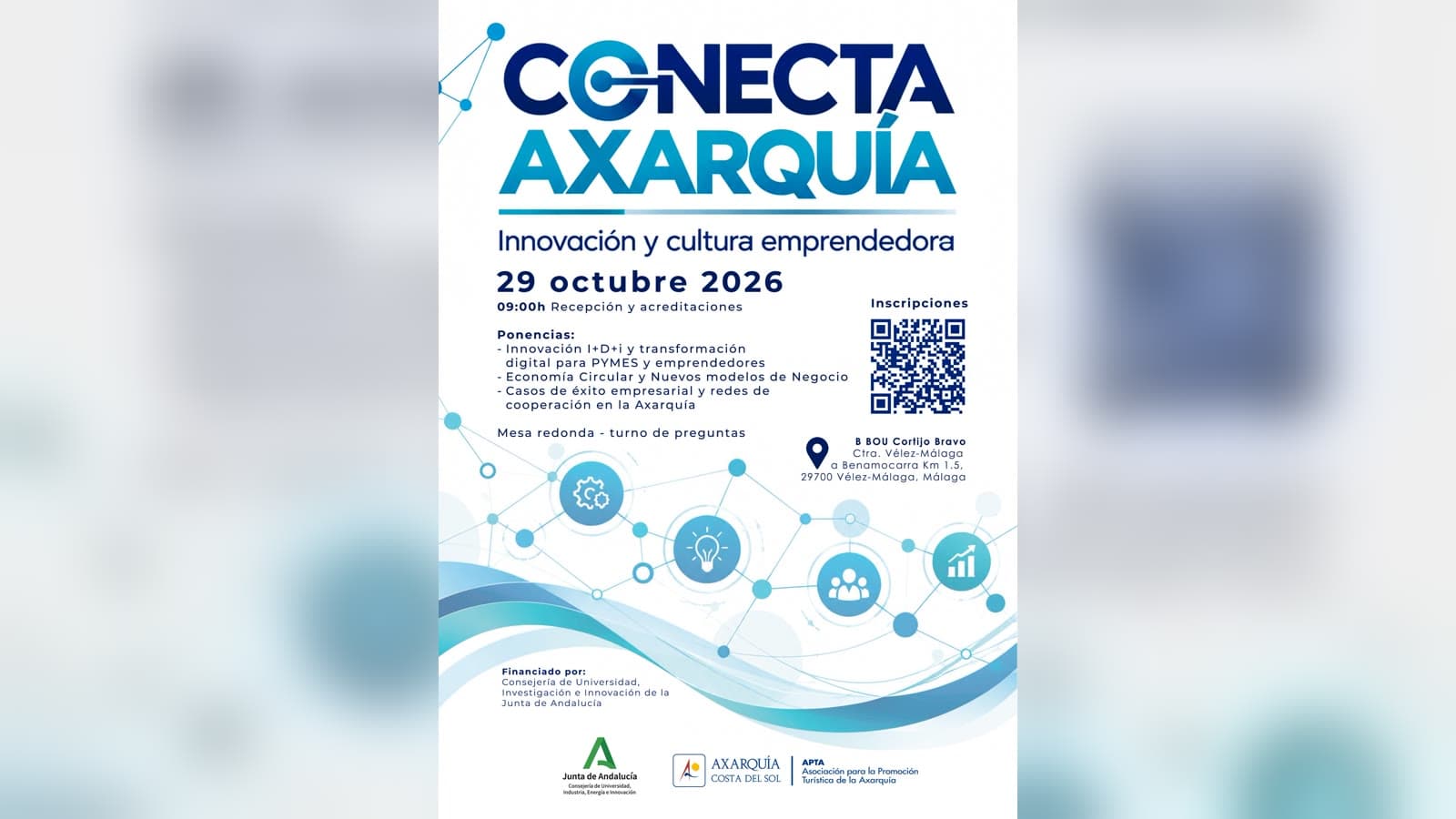 Cartel de la jornada Conecta Axarquía, en tonos azules, con la fecha 29 octubre 2026, las tres ponencias, un código QR de inscripción y la dirección del hotel B Bou Cortijo Bravo