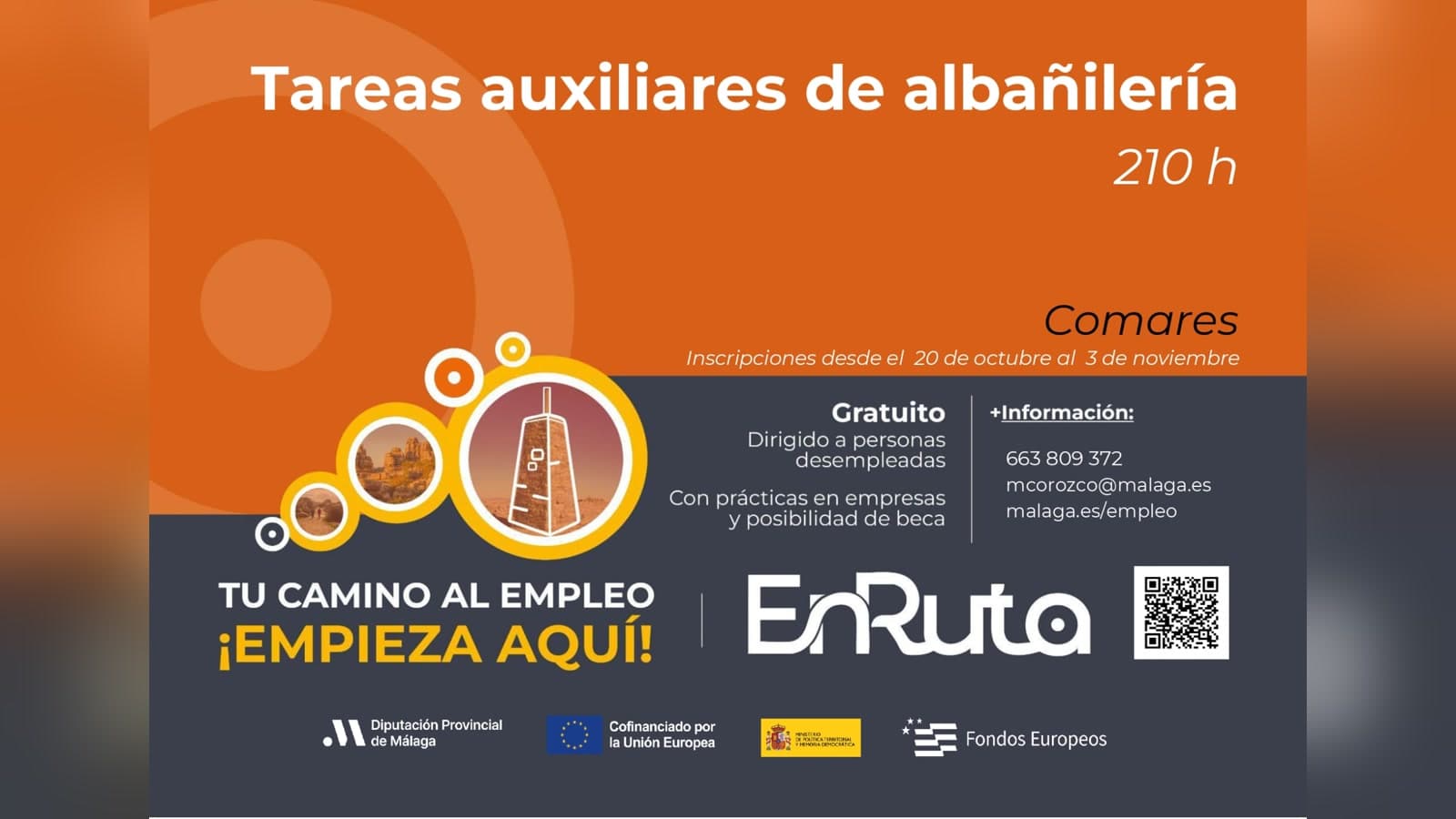 Cartel naranja y gris del programa EnRuta que anuncia el curso «Tareas auxiliares de albañilería», de 210 horas, en Comares, con inscripciones del 20 de octubre al 3 de noviembre.