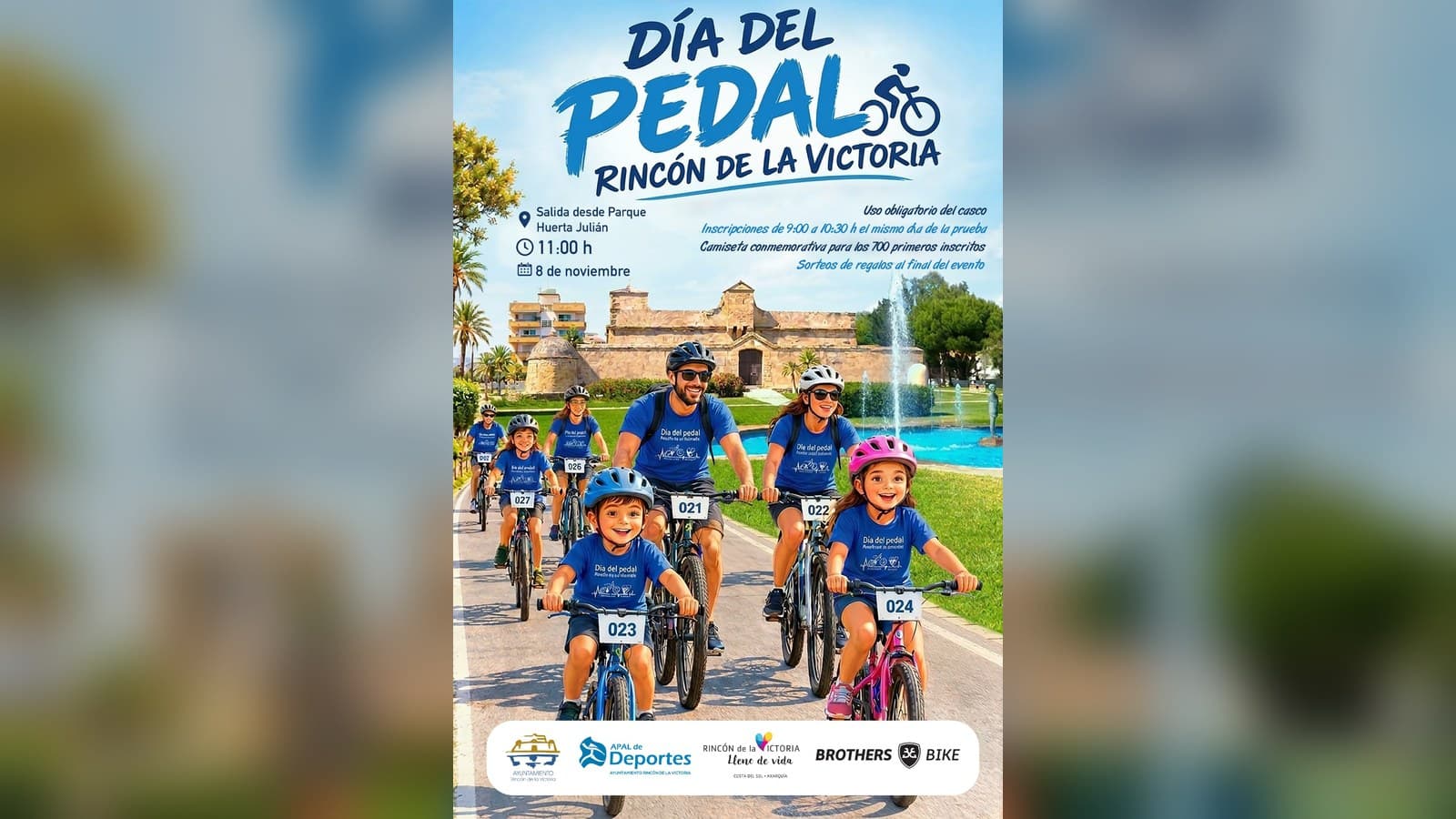 Cartel del Día del Pedal de Rincón de la Victoria con familias en bicicleta y casco
