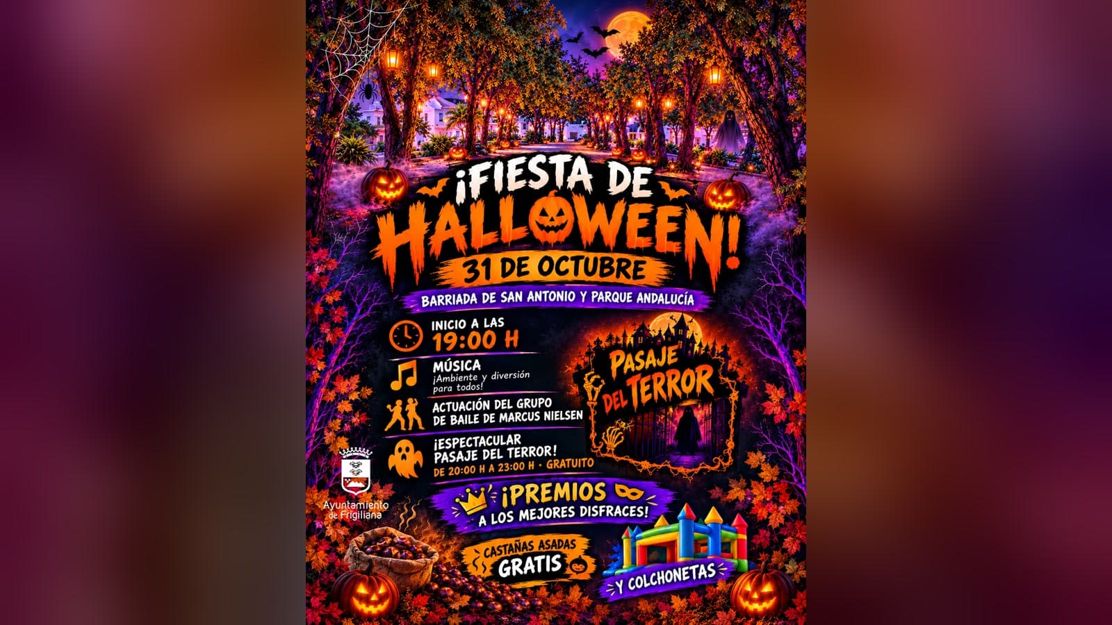 Cartel de la Fiesta de Halloween de Frigiliana el 31 de octubre en la barriada de San Antonio y el Parque Andalucía