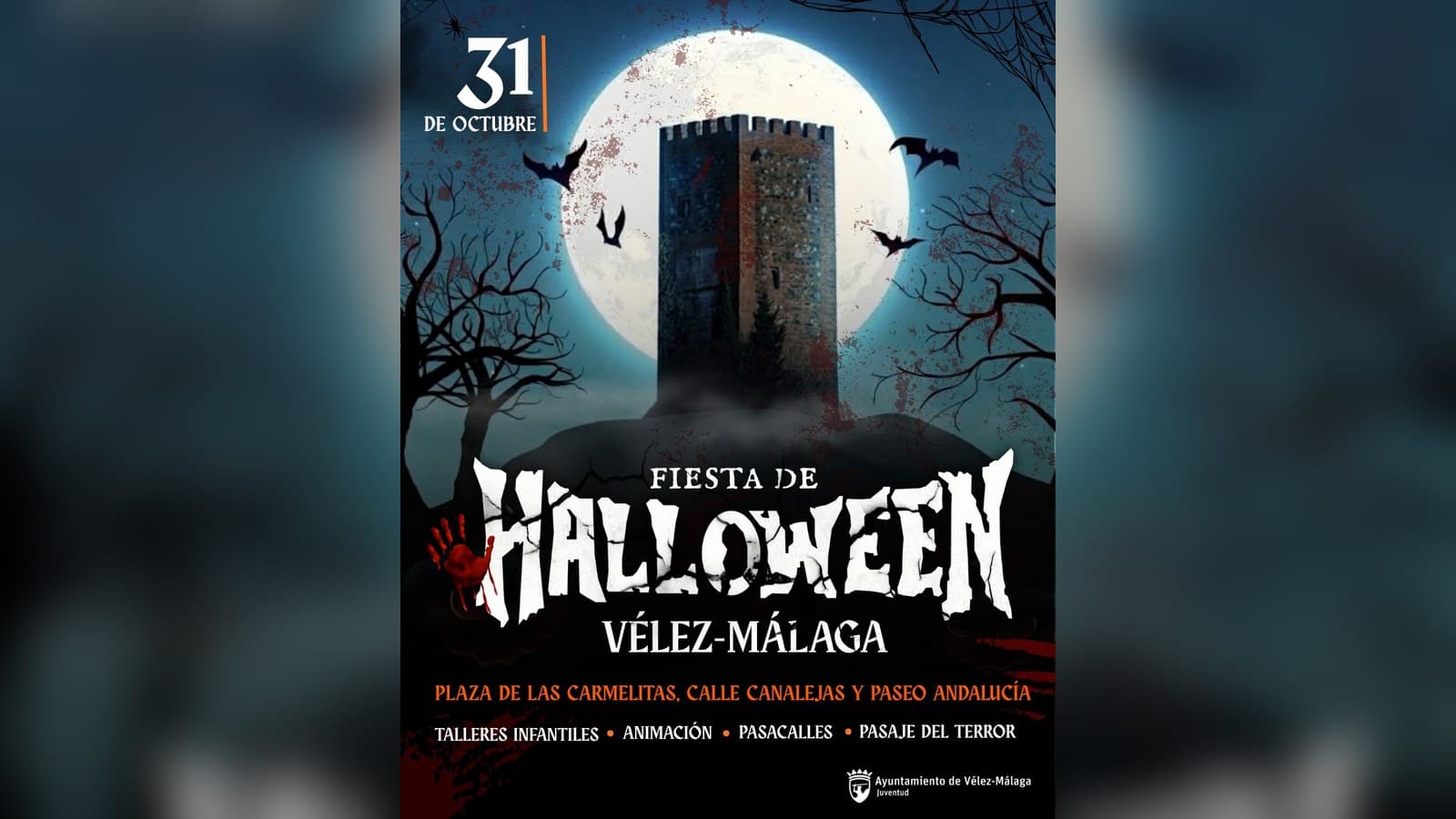 Cartel de la Fiesta de Halloween de Vélez-Málaga con la Fortaleza bajo la luna llena, murciélagos y árboles sin hojas