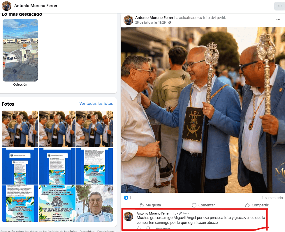 Moreno Ferrer saluda en la procesión de la Virgen del Carmen a su compañero del GIPMTM, Jesús Atencia y a su socio de gobierno, Jesús Lupiáñez