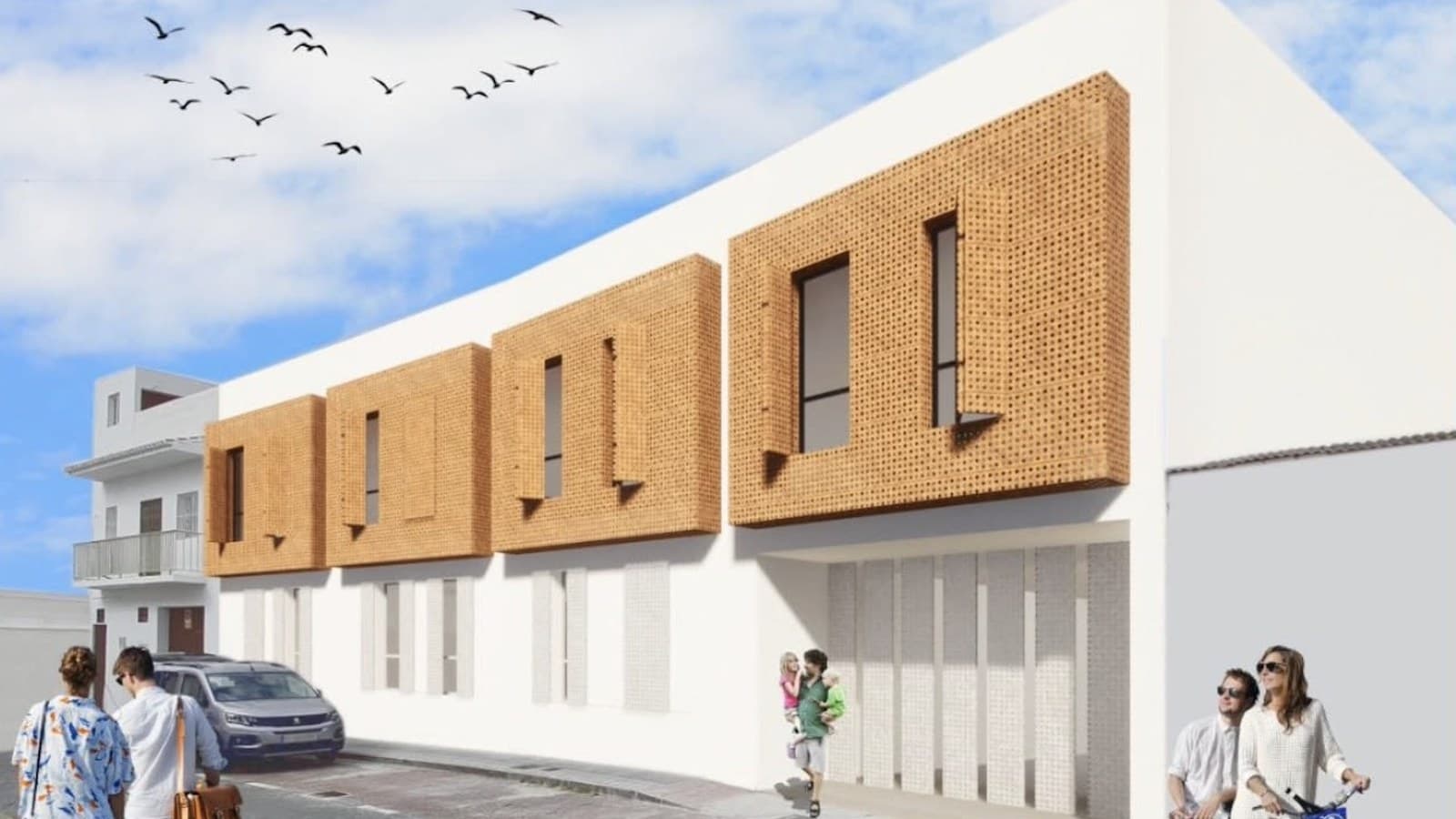 Recreación del edificio proyectado en la calle Greco de Nerja: fachada blanca de dos plantas con cuatro volúmenes de celosía de ladrillo en la planta alta y viandantes en la calle.