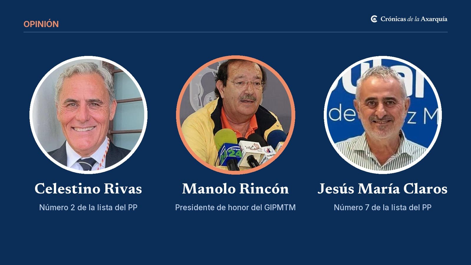 Composición con tres retratos en círculo sobre fondo azul marino: Celestino Rivas, número 2 de la lista del PP; Manolo Rincón, presidente de honor del GIPMTM, en una rueda de prensa junto al escudo de Torre del Mar, y Jesús María Claros, número 7 de la lista del PP.