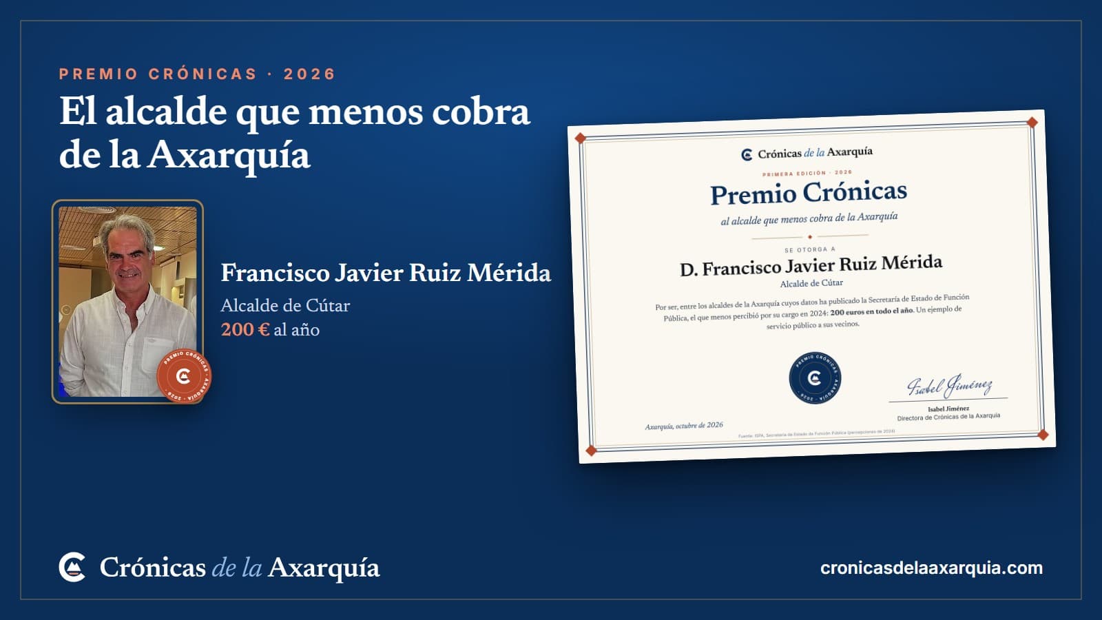 Composición sobre fondo azul marino con el título «El alcalde que menos cobra de la Axarquía», una foto de Francisco Javier Ruiz Mérida sonriente con camisa blanca, el texto «Alcalde de Cútar, 200 euros en todo 2024» y el diploma del Premio Crónicas a su nombre.