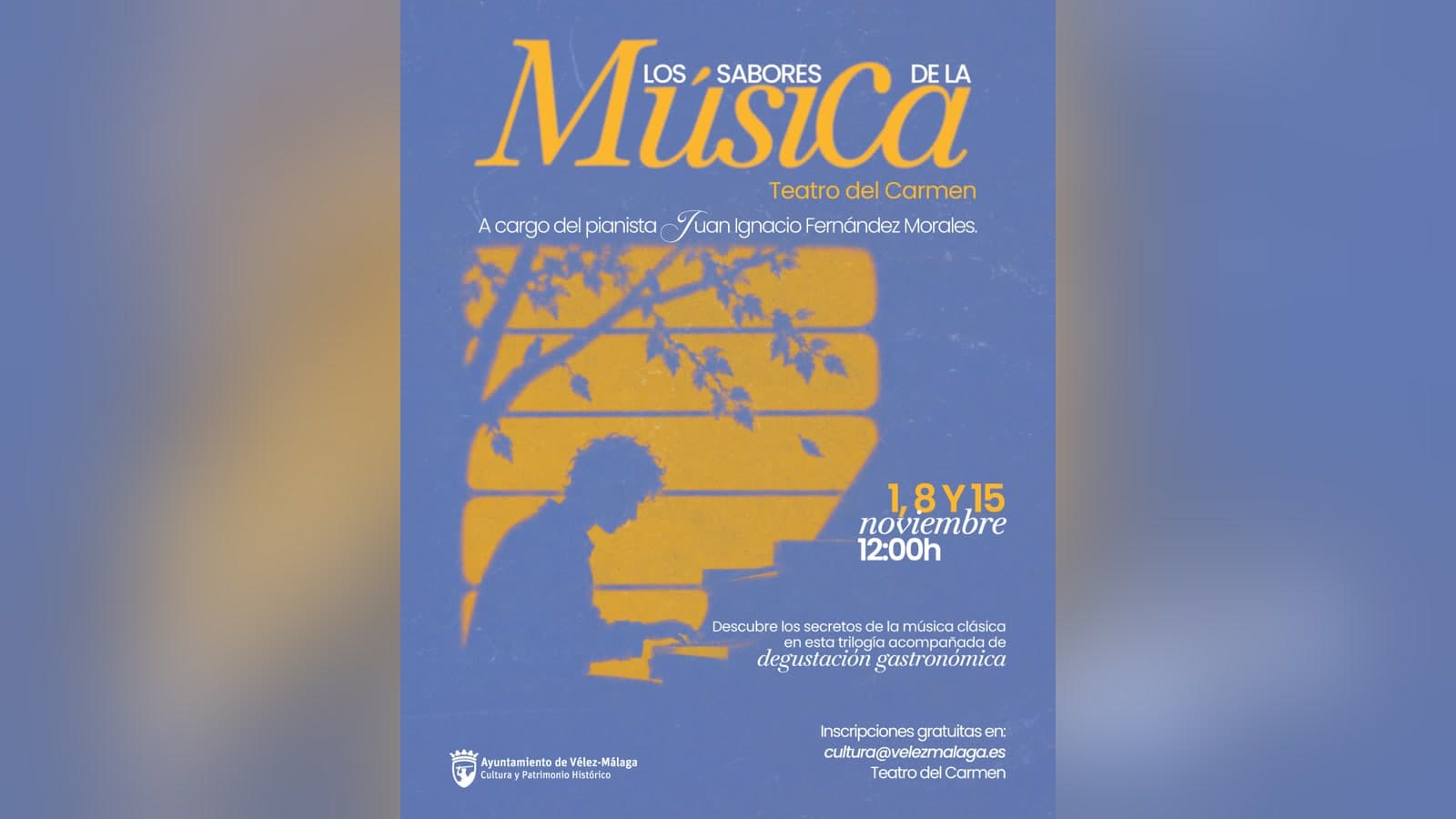 Cartel de «Los Sabores de la Música» en el Teatro del Carmen, con la silueta de un pianista
