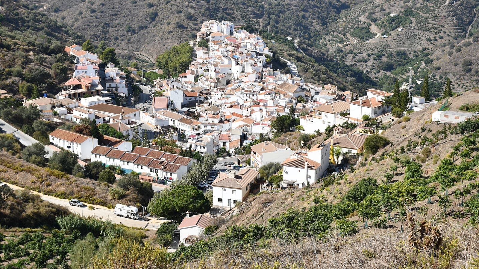 Vista de Sayalonga desde una ladera: casas blancas con tejados rojizos escalonadas en el valle, entre montes con huertos y olivos.