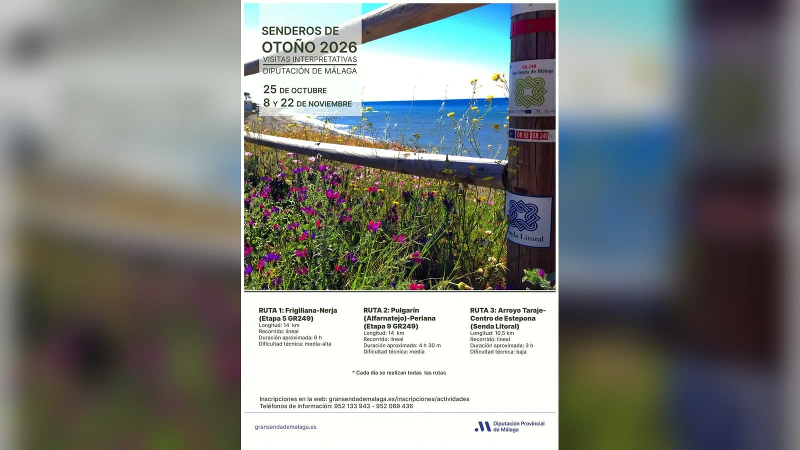 Cartel de Senderos de Otoño 2026 con una baranda de madera, flores silvestres y el mar al fondo, y los datos de las tres rutas