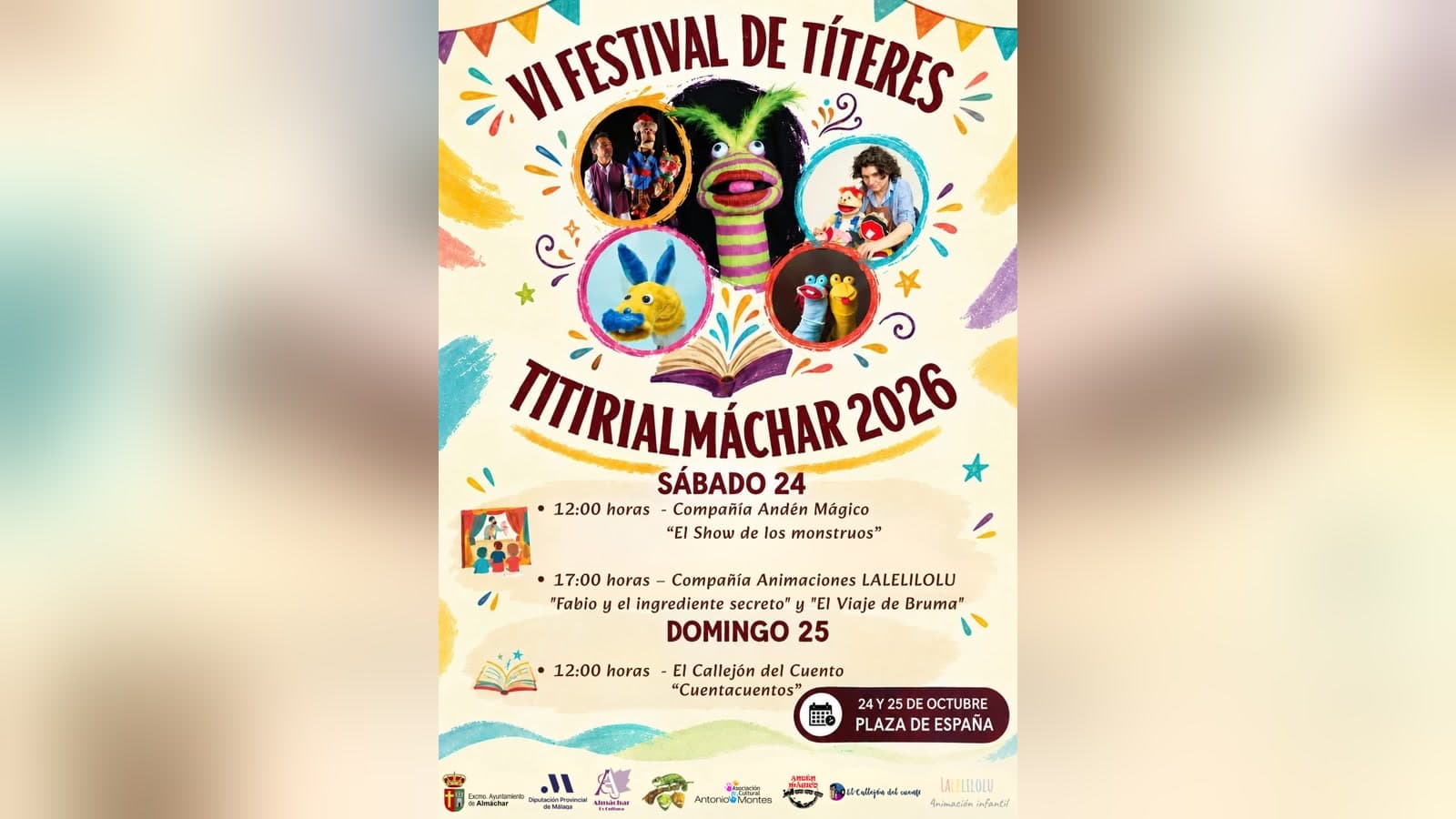 Cartel de TitiriAlmáchar 2026 con títeres de colores y el programa del sábado 24 y el domingo 25 de octubre