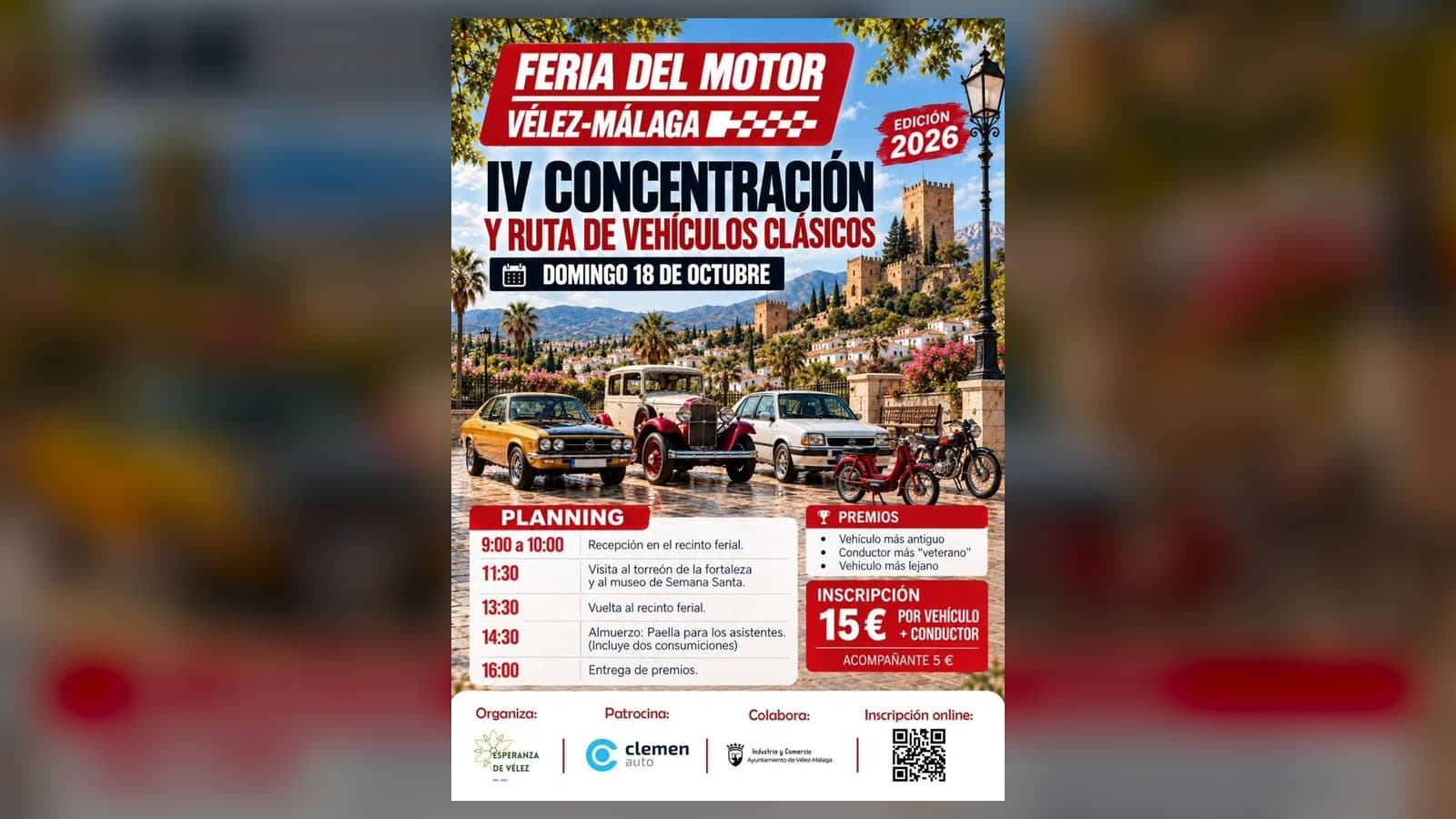 Cartel de la Feria del Motor de Vélez-Málaga 2026: IV Concentración y Ruta de Vehículos Clásicos el domingo 18 de octubre, con coches y motos antiguos ante la Fortaleza, el horario de la jornada, los premios y la inscripción de 15 euros por vehículo y conductor.