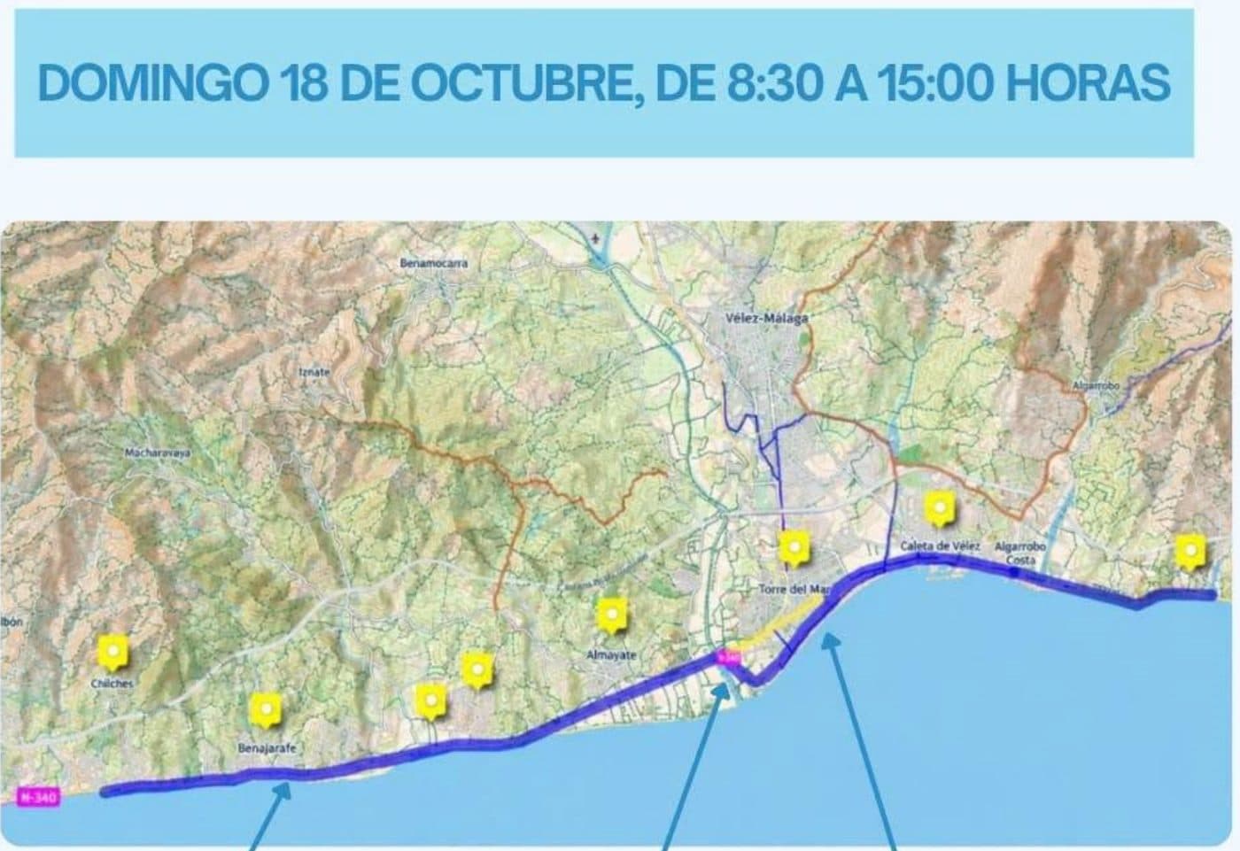Mapa del recorrido del IRONMAN 70.3 Málaga por la costa de Vélez-Málaga, de Benajarafe a Lagos, con el horario de cortes del domingo 18 de octubre de 8.30 a 15.00
