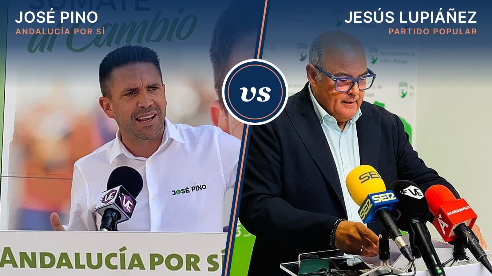 Montaje enfrentado: a la izquierda, José Pino, portavoz de Andalucía Por Sí, con camisa blanca ante un micrófono; a la derecha, Jesús Lupiáñez, con americana azul y gafas, ante los micrófonos de la sala de prensa del Ayuntamiento de Vélez-Málaga; en el centro, un círculo con «vs».