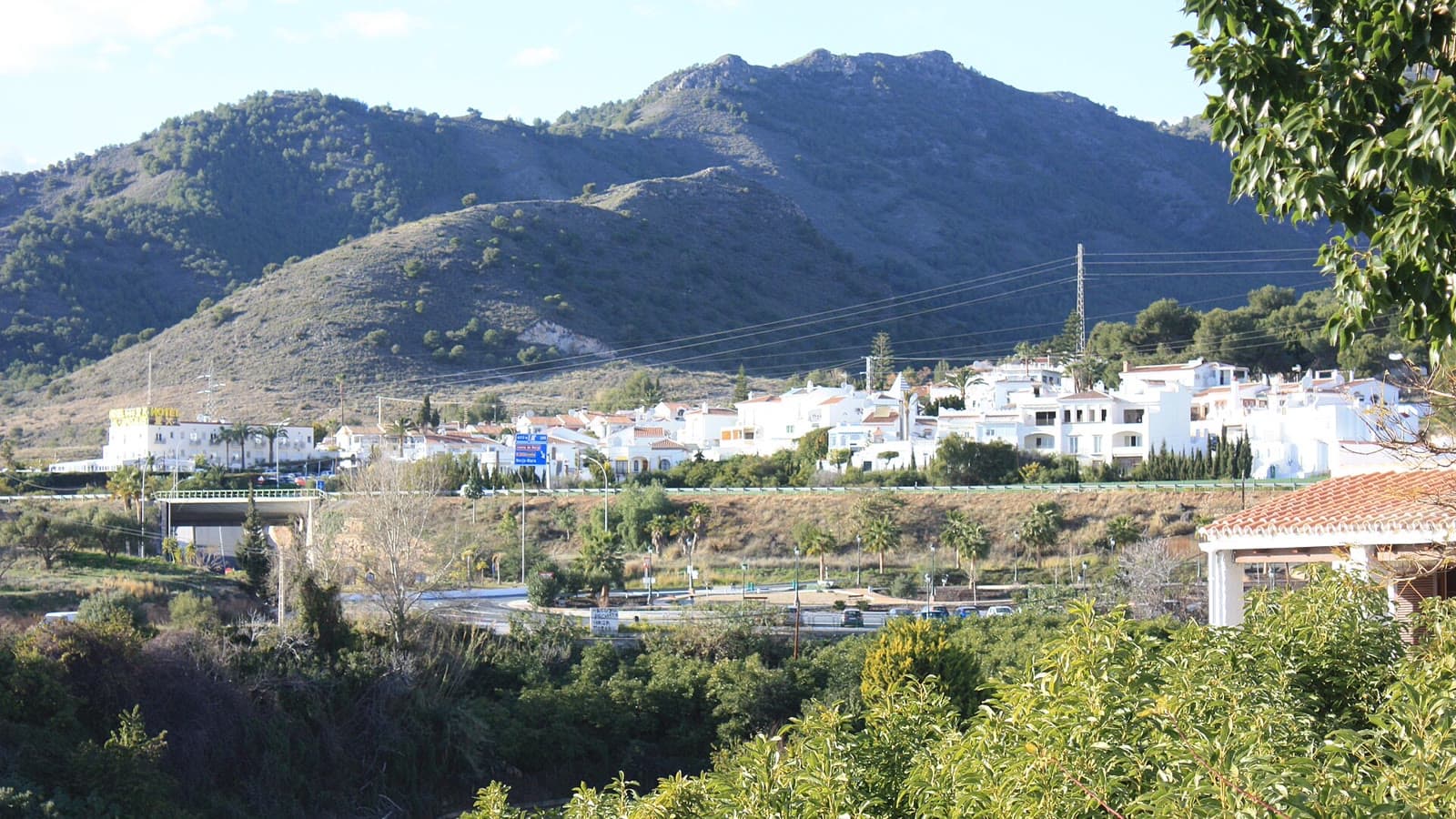 Casas blancas de Maro al pie de las lomas de la sierra, cubiertas de pinos y matorral, con una carretera y una rotonda en primer término.