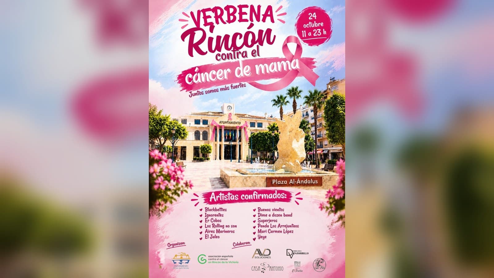 Cartel de la verbena «Rincón contra el cáncer de mama», el 24 de octubre de 11 a 23 h en la plaza Al-Ándalus, con un lazo rosa y la lista de artistas