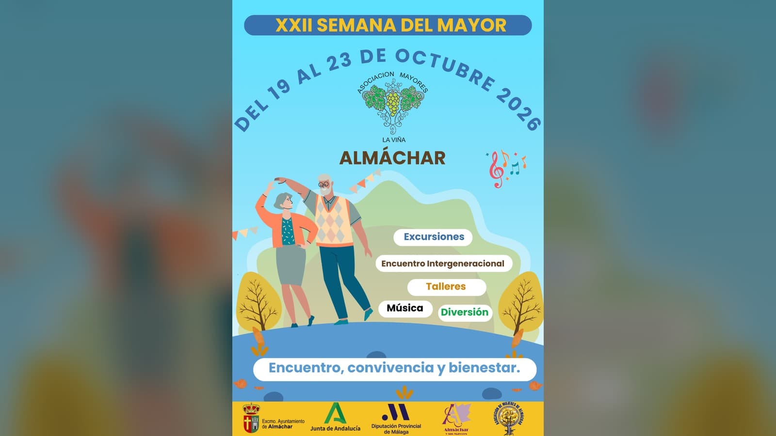 Cartel de la XXII Semana del Mayor de Almáchar, del 19 al 23 de octubre de 2026: una pareja de mayores bailando y las palabras excursiones, encuentro intergeneracional, talleres, música y diversión.
