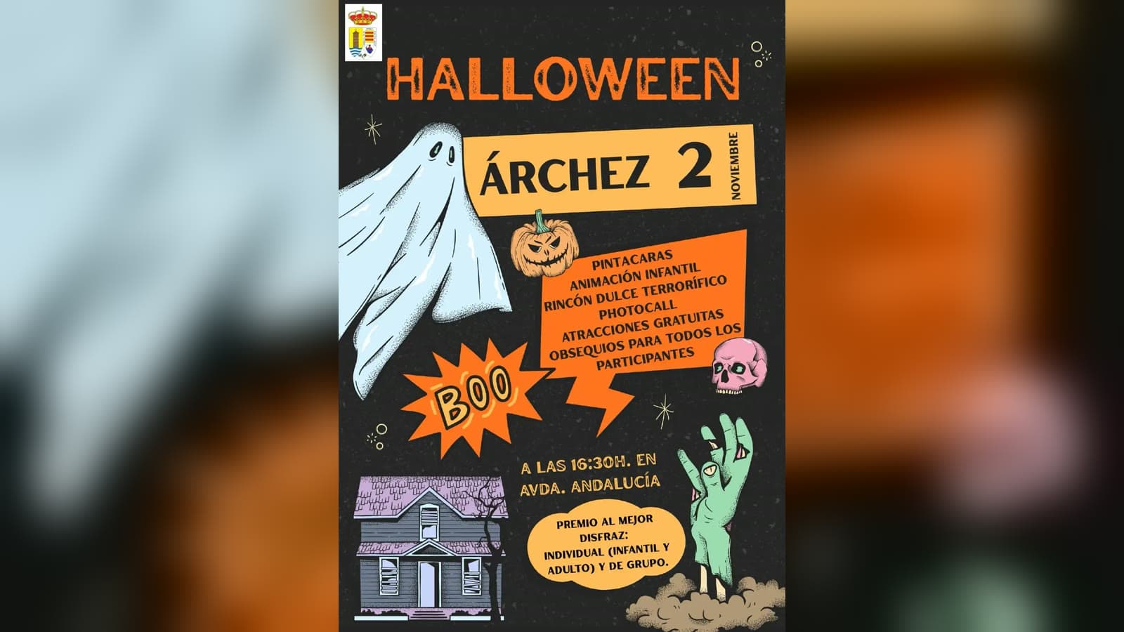 Cartel de Halloween de Árchez, con un fantasma, una calabaza, una calavera y una casa encantada sobre fondo negro, que anuncia la fiesta del 2 de noviembre a las 16:30 en la avenida de Andalucía.