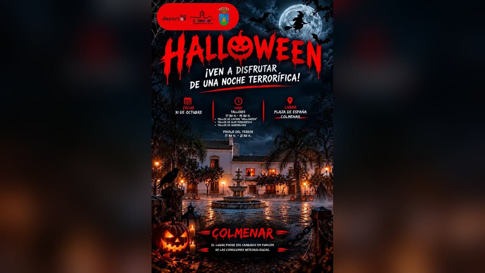 Cartel de Halloween 2026 en Colmenar, con una calabaza y la Plaza de España de noche