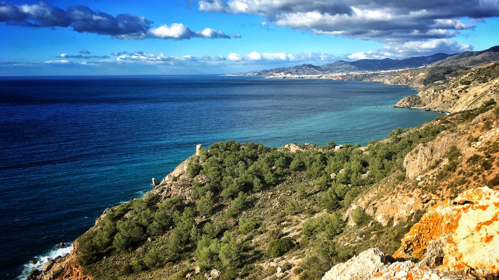 Ladera con pinos y rocas de los acantilados de Maro-Cerro Gordo, en Nerja, sobre el Mediterráneo, con la costa y las montañas al fondo.