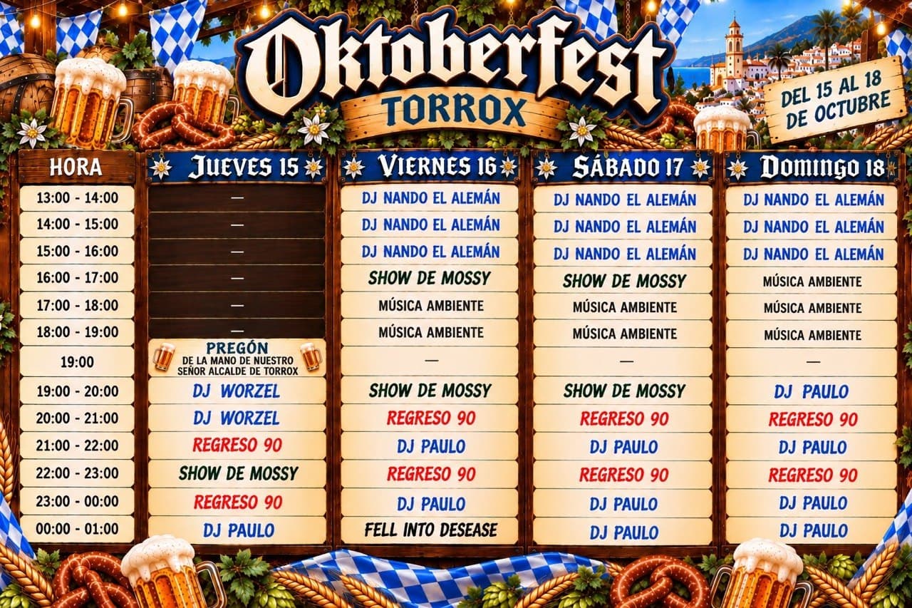 Cartel del Oktoberfest de Torrox 2026, del 15 al 18 de octubre, con la programación por horas de jueves a domingo sobre un fondo de jarras de cerveza, pretzels y banderines de cuadros azules y blancos, y una vista de Torrox al fondo.